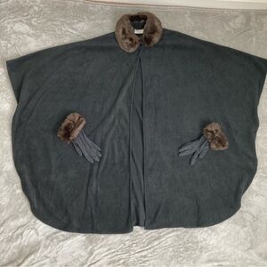 Worthington Black Cape with Brown Faux Fur Trim & Matching Gloves Set Small